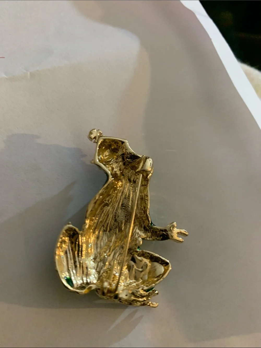 Green Enamel Prince Frog Brooch with Red Crown -